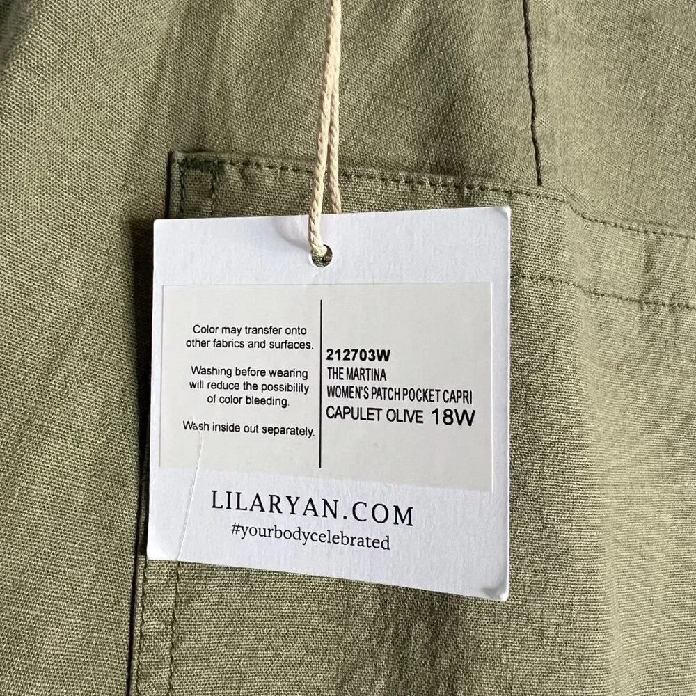 Lila Ryan Stretch Linen Pants Women's 18W Green Martina Straight Capri Ankle NWT